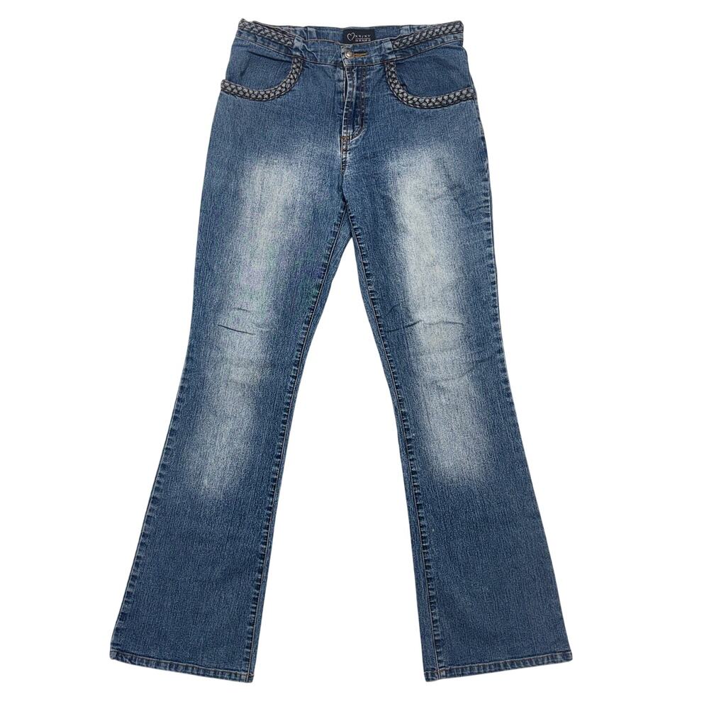 Vintage XXXY Genes Bootcut Jeans Juniors 7 Stretch Denim Braided Trim Y2k Boho